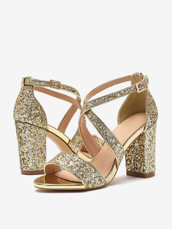 レディースヒールサンダル ラウンドトゥサンダル チャンキーヒール スパンコール 布製パーティーシューズ