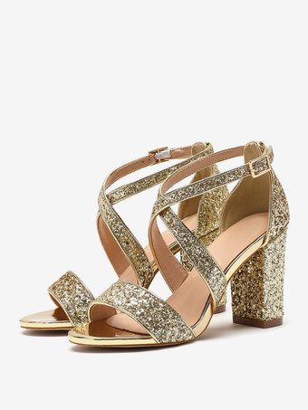 レディースヒールサンダル ラウンドトゥサンダル チャンキーヒール スパンコール 布製パーティーシューズ