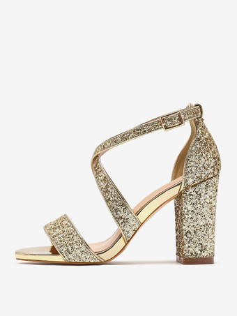 ゴールド レディースヒールサンダル ラウンドトゥサンダル チャンキーヒール スパンコール 布製パーティーシューズ