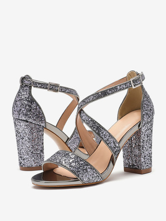 レディースヒールサンダル ラウンドトゥサンダル チャンキーヒール スパンコール 布製パーティーシューズ