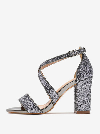 グレイレディースヒールサンダル ラウンドトゥサンダル チャンキーヒール スパンコール 布製パーティーシューズ