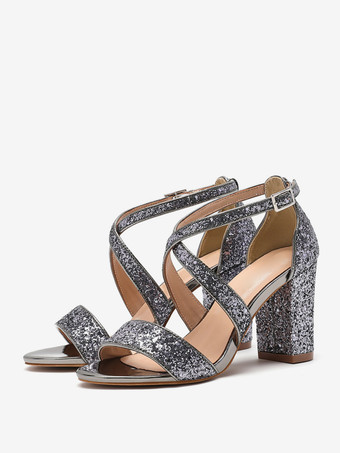 レディースヒールサンダル ラウンドトゥサンダル チャンキーヒール スパンコール 布製パーティーシューズ