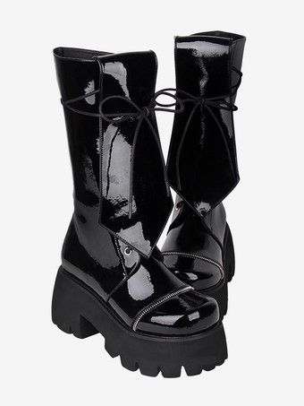 ブラック ゴシック ロリータ ブーツ ブラック グロメット メタリック ラウンドトゥ PU レザー ロリータ フットウェア