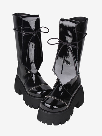 ゴシック ロリータ ブーツ ブラック グロメット メタリック ラウンドトゥ PU レザー ロリータ フットウェア