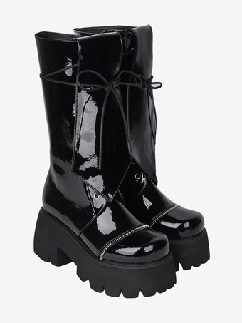 ゴシック ロリータ ブーツ ブラック グロメット メタリック ラウンドトゥ PU レザー ロリータ フットウェア