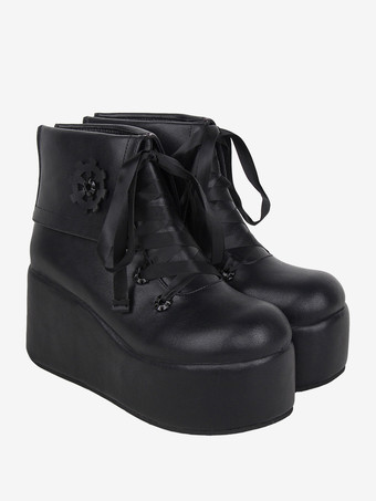 スイートロリータブーツ ブラックアップリケ花柄ラウンドトゥ PUレザーロリータフットウェア