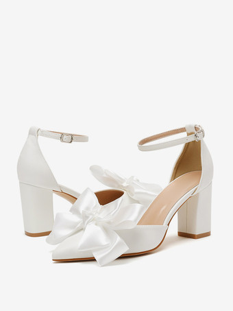 ホワイト ウェディングシューズ ブライダルパンプス PUレザー ポインテッドトゥ リボン