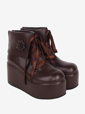 スイートロリータブーツ ブラックアップリケ花柄ラウンドトゥ PUレザーロリータフットウェア