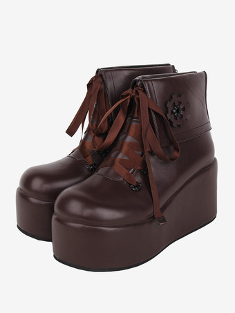 スイートロリータブーツ ブラックアップリケ花柄ラウンドトゥ PUレザーロリータフットウェア