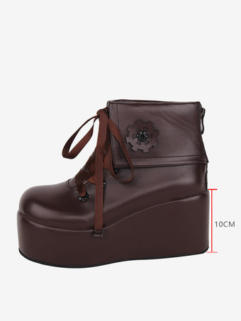 ブラウン スイートロリータブーツ ブラックアップリケ花柄ラウンドトゥ PUレザーロリータフットウェア