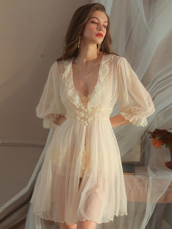 アイボリー ナイトガウン このサスペンダーフリル 3Dフラワーナイトガウン コート付き