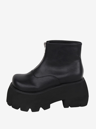 ブラック スチームパンク ロリータ ブーツ ホワイト メタルディテール メタリック ラウンドトゥ PU レザー ロリータ フットウェア