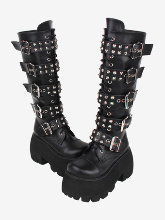 ゴシック ロリータ ブーツ PU レザー グリッター メタリック リベット グロメット ラウンドトゥ ブラック ロリータ フットウェア