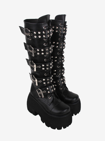 ゴシック ロリータ ブーツ PU レザー グリッター メタリック リベット グロメット ラウンドトゥ ブラック ロリータ フットウェア