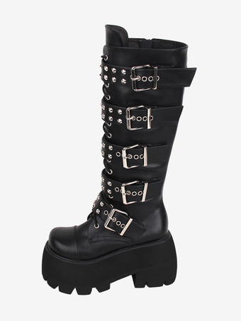 ゴシック ロリータ ブーツ PU レザー グリッター メタリック リベット グロメット ラウンドトゥ ブラック ロリータ フットウェア