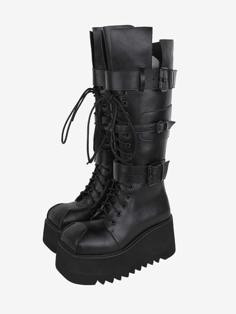 ゴシック ロリータ ブーツ ブラック グロメット メタリック ラウンドトゥ PU レザー ロリータ フットウェア