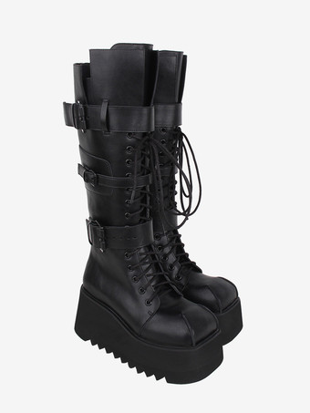 ゴシック ロリータ ブーツ ブラック グロメット メタリック ラウンドトゥ PU レザー ロリータ フットウェア