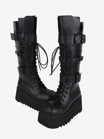 ゴシック ロリータ ブーツ ブラック グロメット メタリック ラウンドトゥ PU レザー ロリータ フットウェア