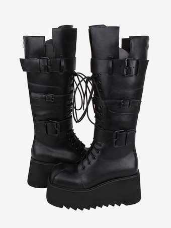 ゴシック ロリータ ブーツ ブラック グロメット メタリック ラウンドトゥ PU レザー ロリータ フットウェア