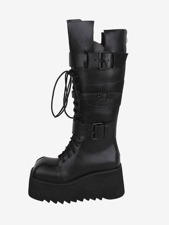 ブラック ゴシック ロリータ ブーツ ブラック グロメット メタリック ラウンドトゥ PU レザー ロリータ フットウェア