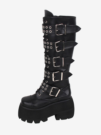 ブラック ゴシック ロリータ ブーツ PU レザー グリッター メタリック リベット グロメット ラウンドトゥ ブラック ロリータ フットウェア