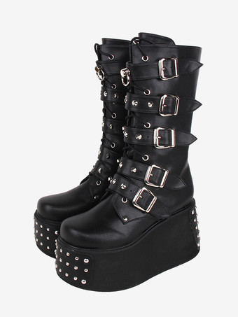 ゴシック ロリータ ブーツ PU レザー メタリック グロメット ラウンドトゥ ブラック ロリータ フットウェア