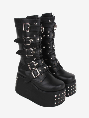 ゴシック ロリータ ブーツ PU レザー メタリック グロメット ラウンドトゥ ブラック ロリータ フットウェア