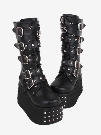 ゴシック ロリータ ブーツ PU レザー メタリック グロメット ラウンドトゥ ブラック ロリータ フットウェア