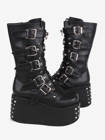 ゴシック ロリータ ブーツ PU レザー メタリック グロメット ラウンドトゥ ブラック ロリータ フットウェア