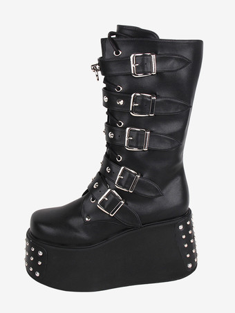 ブラック ゴシック ロリータ ブーツ PU レザー メタリック グロメット ラウンドトゥ ブラック ロリータ フットウェア