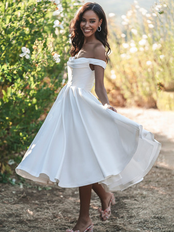 ショートウェディングドレス オフショルダー ノースリーブ ショート丈 ティーレングス ブライダルドレス