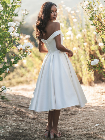 ショートウェディングドレス オフショルダー ノースリーブ ショート丈 ティーレングス ブライダルドレス