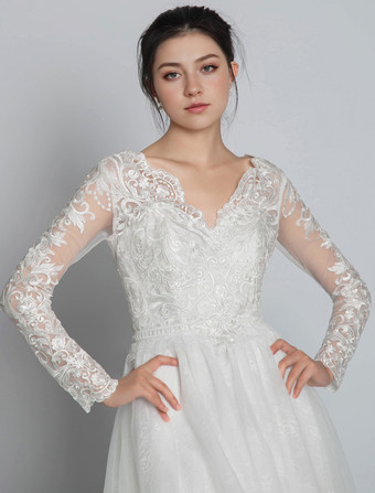 シンプルなウェディングドレス レース Vネック 長袖 レース Aライン ブライダルドレス