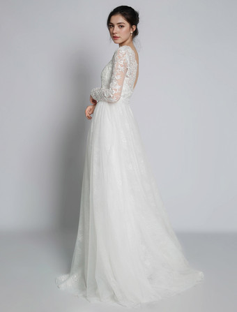 シンプルなウェディングドレス レース Vネック 長袖 レース Aライン ブライダルドレス