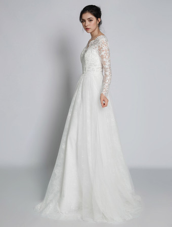 シンプルなウェディングドレス レース Vネック 長袖 レース Aライン ブライダルドレス