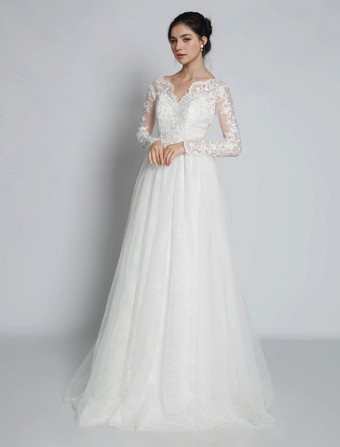 シンプルなウェディングドレス レース Vネック 長袖 レース Aライン ブライダルドレス