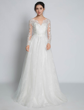 シンプルなウェディングドレス レース Vネック 長袖 レース Aライン ブライダルドレス