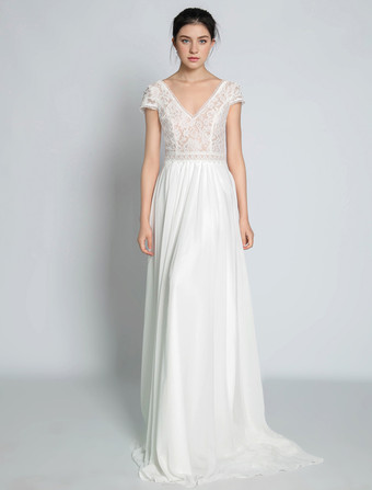 ボヘミアン ウェディングドレス シフォン レース Aライン トレーン付き ナチュラルウエスト バックレス 半袖 Vネック アイボリー