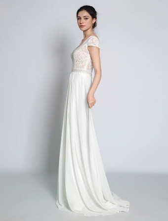 ボヘミアン ウェディングドレス シフォン レース Aライン トレーン付き ナチュラルウエスト バックレス 半袖 Vネック アイボリー