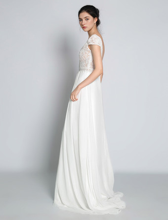 ボヘミアン ウェディングドレス シフォン レース Aライン トレーン付き ナチュラルウエスト バックレス 半袖 Vネック アイボリー