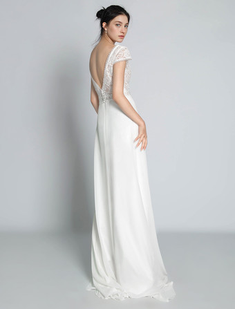 ボヘミアン ウェディングドレス シフォン レース Aライン トレーン付き ナチュラルウエスト バックレス 半袖 Vネック アイボリー