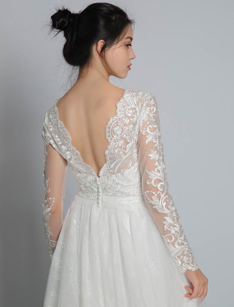シンプルなウェディングドレス レース Vネック 長袖 レース Aライン ブライダルドレス