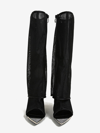 ブラック ミッドカーフブーツ メッシュ レディース オープントゥ フォールドオーバー スティレットヒールブーツ