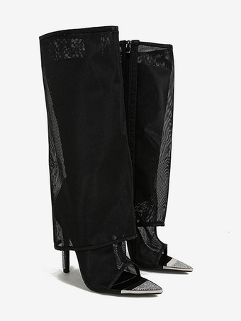 ブラック ミッドカーフブーツ メッシュ レディース オープントゥ フォールドオーバー スティレットヒールブーツ