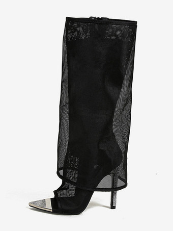 ブラック ミッドカーフブーツ メッシュ レディース オープントゥ フォールドオーバー スティレットヒールブーツ