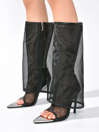 ブラック ブラック ミッドカーフブーツ メッシュ レディース オープントゥ フォールドオーバー スティレットヒールブーツ