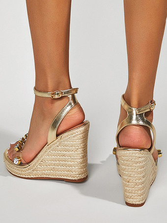 レディース ウェッジサンダル プラットフォーム オープントゥ ラインストーン スリングバック エスパドリーユ