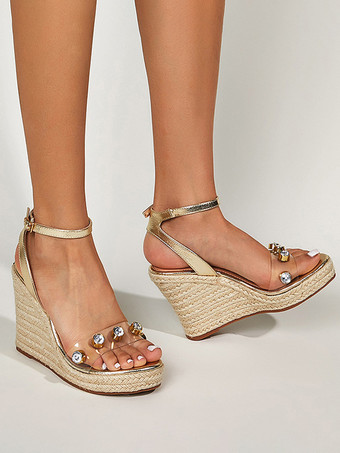 レディース ウェッジサンダル プラットフォーム オープントゥ ラインストーン スリングバック エスパドリーユ