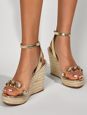 ゴールド レディース ウェッジサンダル プラットフォーム オープントゥ ラインストーン スリングバック エスパドリーユ