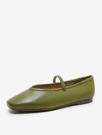 グリーン レディース バレエ フラット グリーン スクエアトゥ メリージェーン スリッポン バレリーナ フラットシューズ